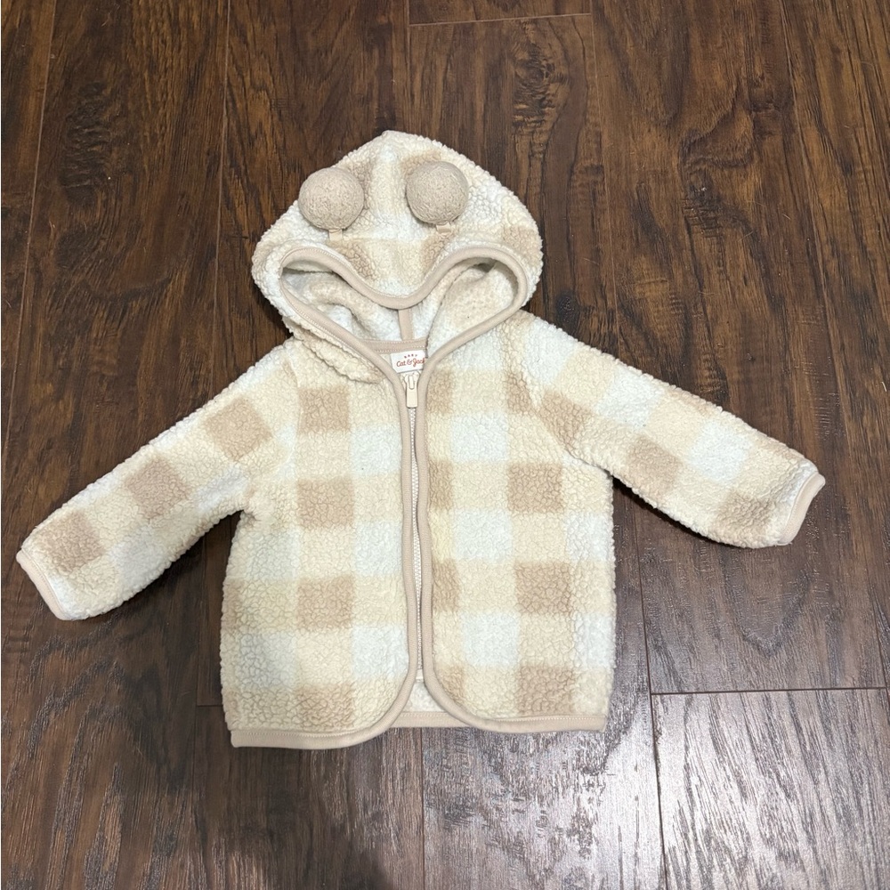 Cat & Jack Beige Checkered Fleece Jacket with Ears